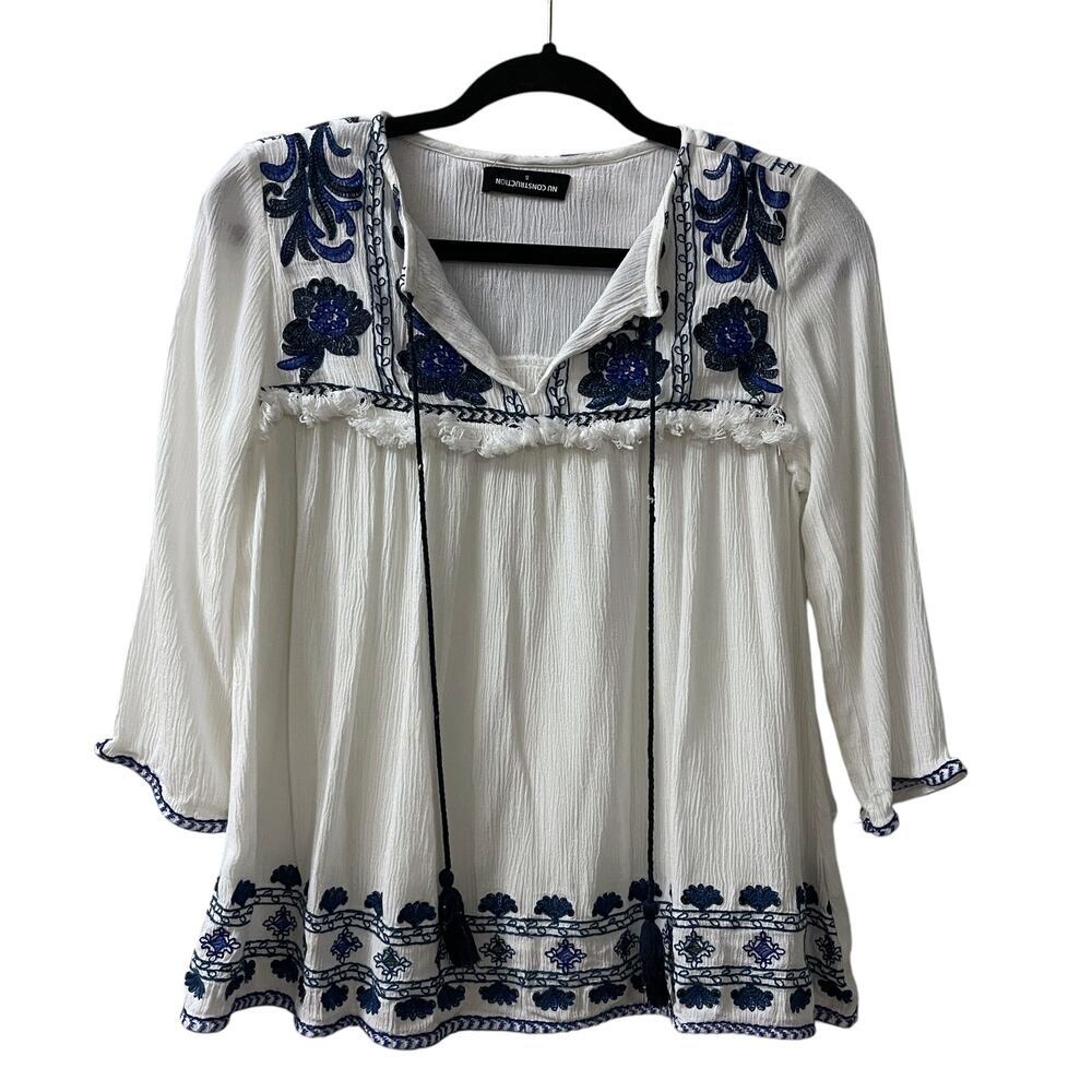 Nu Construction Women’s Boho Floral Blouse Size S White Blue Tassels